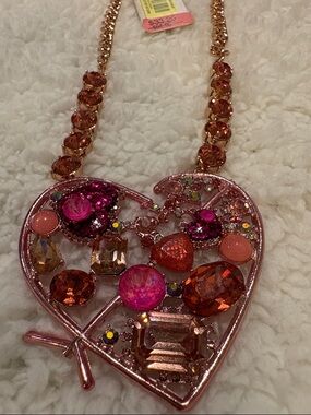 Betsey Johnson Pink and Coral Jeweled Heart Statement Necklace